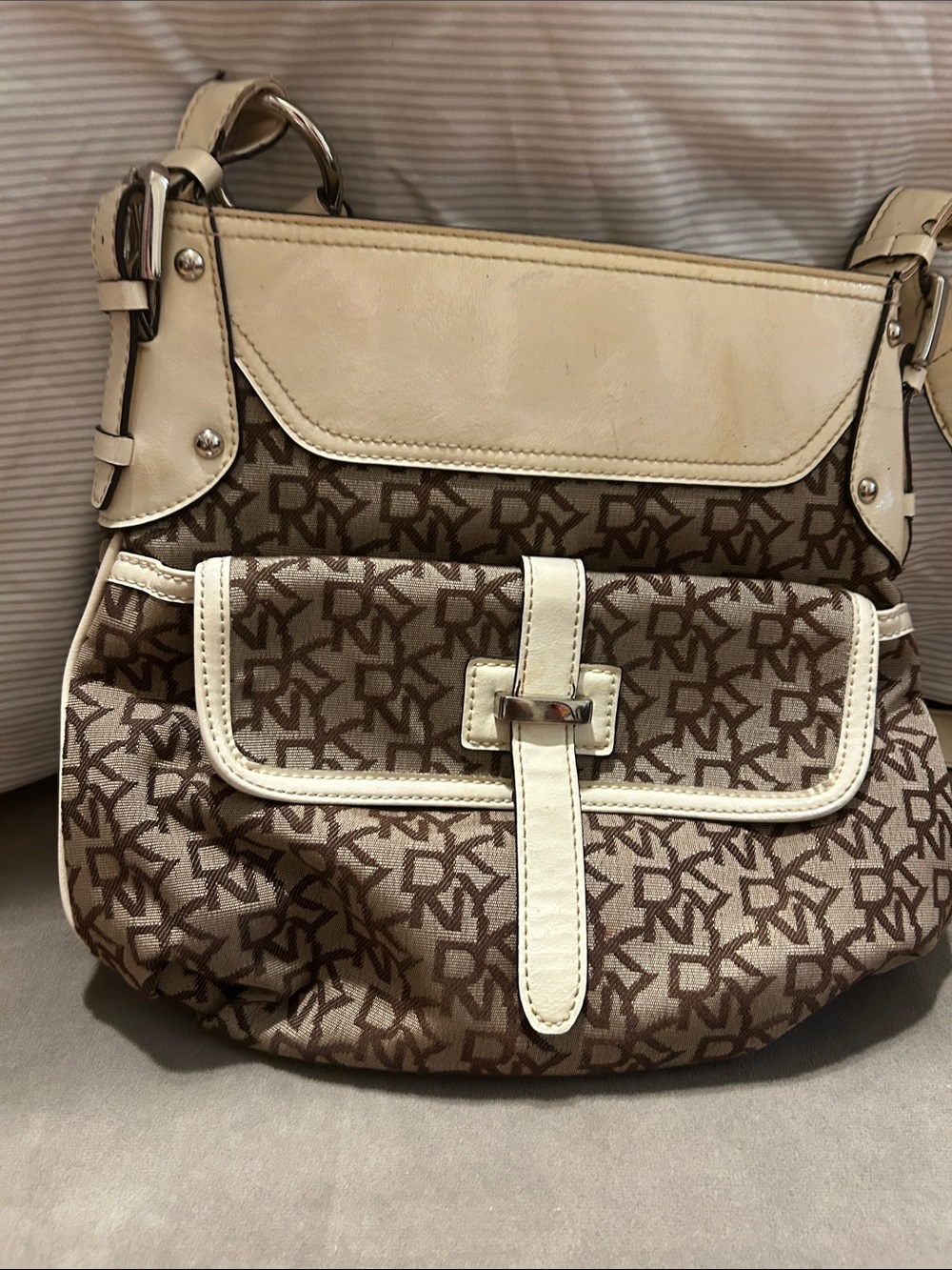 DKNY Brown Logo Canvas Shoulder Bag with Cream Trim